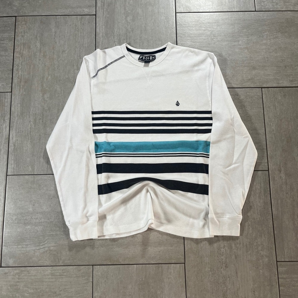 Volcom Mens Thermal Waffle Knit Long Sleeve Striped Shirt White XL LS0168